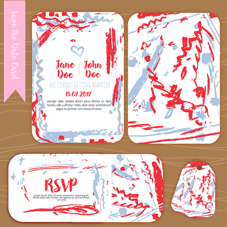 Save the date freehand card with hand drawn background. Modern Stock vector. Invitation design with menu and RSVP cardのイラスト素材