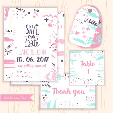 Pink Save tha Date invitation set with Ink texture, hand drawn artistic invitation. Template for sale banner, wedding, valentine, trendy grunge card design for partyのイラスト素材