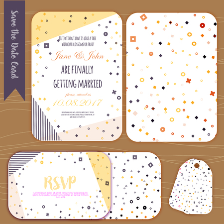 Geometry Save the Date card in modern 1980s with menu, Rsvp card. Wedding anniversary celebration party invitation design template.のイラスト素材