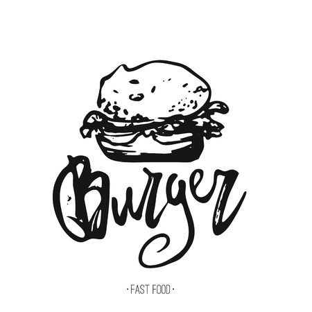 Burger hand drawn rough doodle with lettering for menu, banners, promotionsのイラスト素材