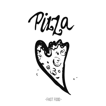 Piece of pizza in hand drawn doodle style with lettering and freehand letteringのイラスト素材