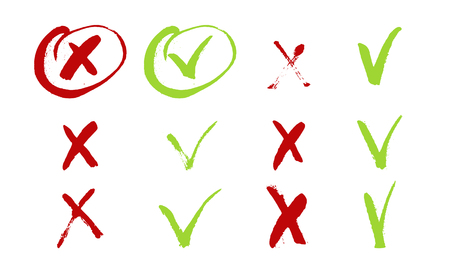 Red cross and green tick grunge set for web sites. Right and Wrong signs isolated on white  vector hand drawn ink illustration. Yes and No symbolsのイラスト素材