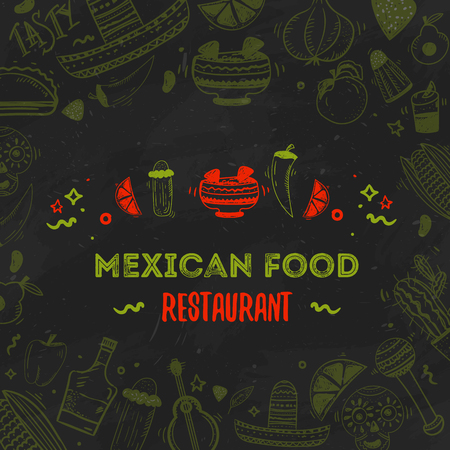 Mexican food menu template. Vector vintageillustration for , poster on dark background. with place  textのイラスト素材