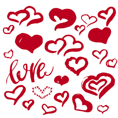 Red hearts set Hand drawn for Valentine`s day with lettering Loveのイラスト素材