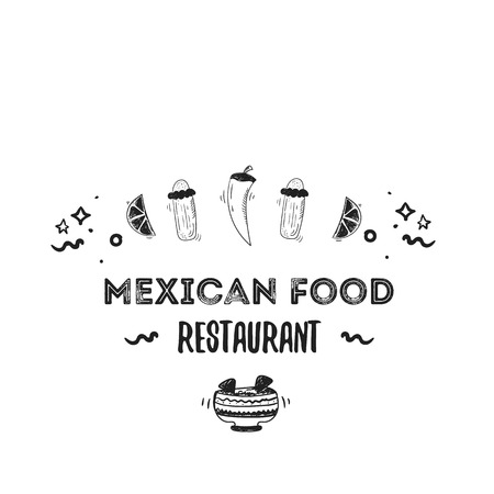 Black sketch mexican food logo. Fast  cafe design templateのイラスト素材