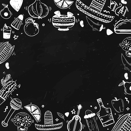Mexican culture items doodle banner on dark background.のイラスト素材