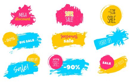 Spring Sale stains to label, discount, best price. Blots Vector set illustration in grunge style for stickers, badges.のイラスト素材