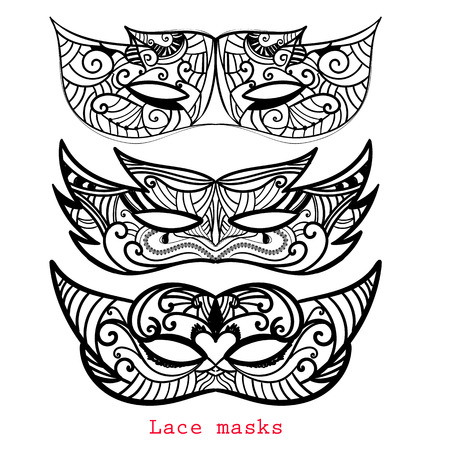 Set of Lace mask for mardi gras. Carnival apparel. Abstract zentangle black maskのイラスト素材