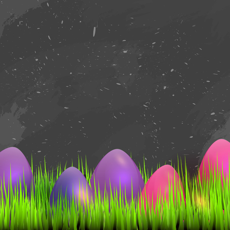 Happy Easter Card with space for text, Grass on dark chalkboard with coolorful eggs. Vector illustrationのイラスト素材