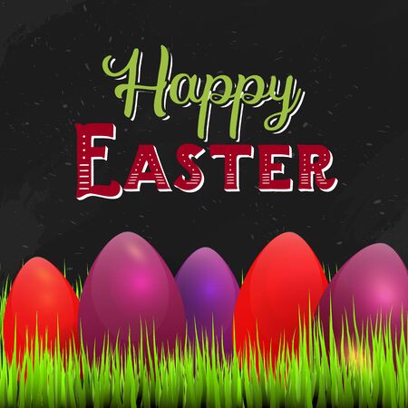 Happy Easter Card with space for text, Grass on dark chalkboard with coolorful eggs. Vector illustration with wintage typography.のイラスト素材