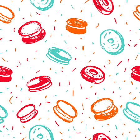 Cupcake, macaroon and muffin bright hand drawn seamless pattern. Hand drawn items collection.のイラスト素材