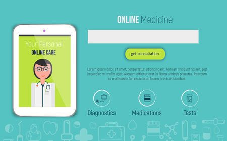 The concept of online medicine help site header. Vector illustration in flat style with doctor and tablet.のイラスト素材