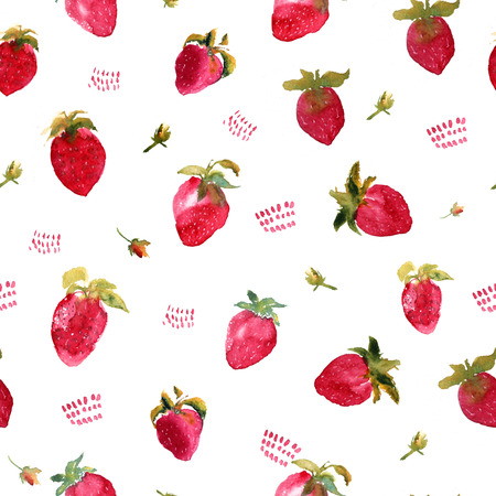 Seamless pattern of watercolor strawberries with flowers illustrationの写真素材