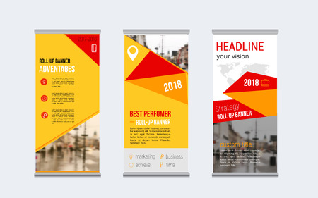 Yellow roll up business vertical banner design, vector cover presentation, geometric background, x-banner in rectangle size.のイラスト素材
