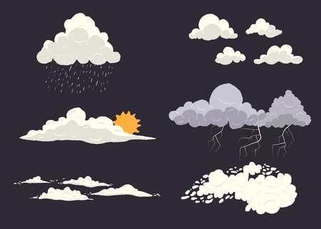 Cloud types vector set isolated on dark background with different nature states. Storm, cloudscape, sun, rain with top view.の写真素材