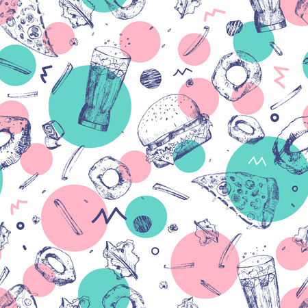 Vector modern sketch fast food seamless pattern.のイラスト素材