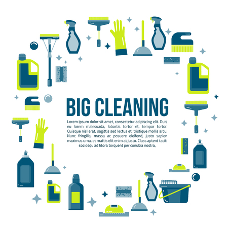 Vector cleaning items banner in flat style with spray bottle, bucket, mop and household supplies. Sanitary and desinfectionのイラスト素材