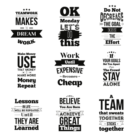 Set of Inspirational quotes about work and team vector design isolated on white background. Can be used on t-shirts, pictures, posters for wallのイラスト素材