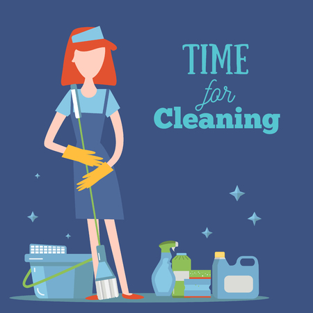 Young Girl With Cleaning Supplies concept illustration. Housework cleaner with professional washing items for your designのイラスト素材