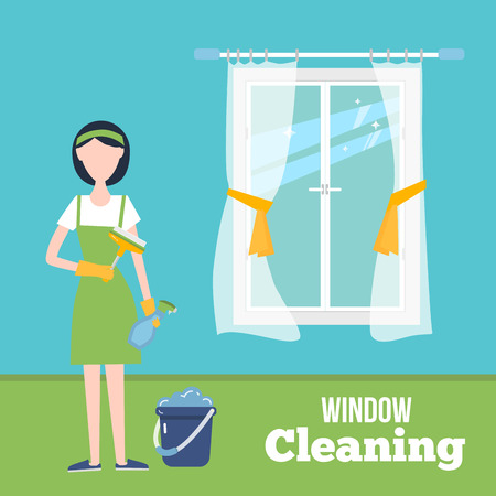 Cleaning window concept illustration with young woman in gloves at home. Housekeeping service with housework supplies and flat windowのイラスト素材