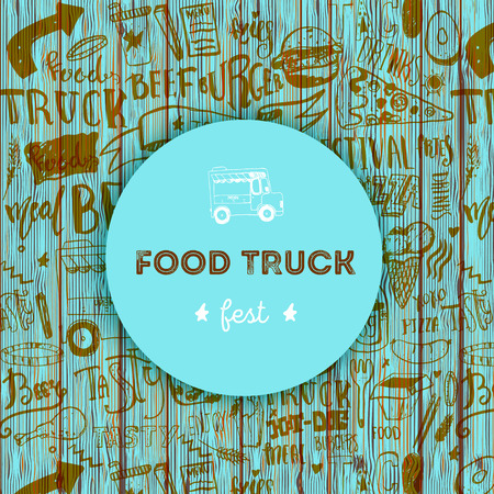 Street junk food festival menu cover design on wooden background. Festival Design template with hand-drawn graphic elements and lettering. Vector menu board.のイラスト素材