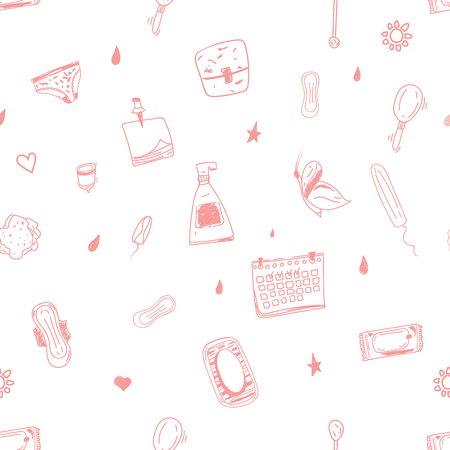 Female hygiene seamless pattern in pink colors. Easy to use for print, promo, banners, backgrounds.のイラスト素材