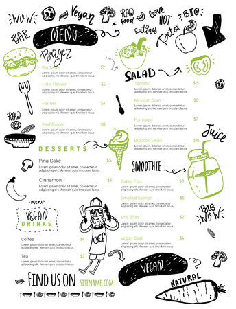 Vegan menu with hipster chef, doodle organic food and lettering. Funny ecological concept.のイラスト素材