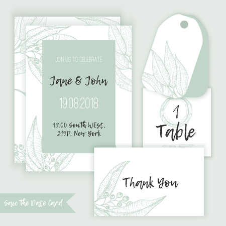 Rustic Wedding decoration template decorate with eucalyptus branches in sketch style. With menu, table and thank you card. Vector illustration.のイラスト素材