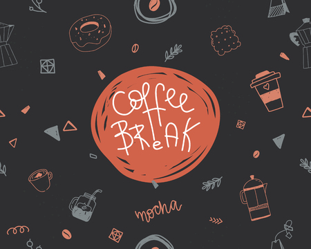coffee break lettering card on coffee icons dark background with geometry elementsのイラスト素材