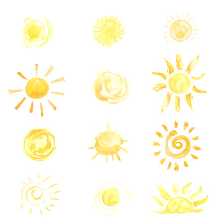 Watercolor sun set vector illustration. Bright yellow color symbol with sunbeams, solar raysの写真素材