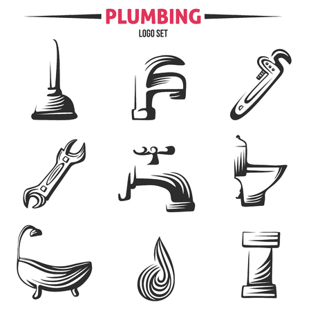 Plumbing business icon vector set in vintage style. Faucet, pipe elements isolated on white background.のイラスト素材