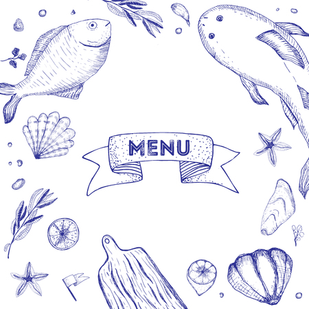 Hand-drawn seafood menu with sketch symbolsのイラスト素材