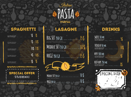 Italian pasta menu design for restaurant and cafe. Template with sketch hand drawn spaghetti pattern on dark chalkboard.のイラスト素材