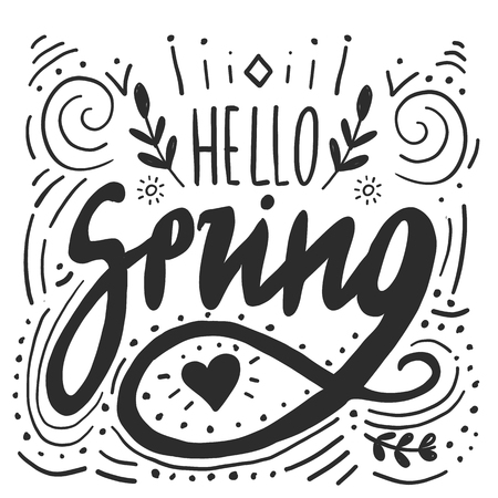Hello spring digital lettering with flourishes isolated on background. Handwritten doodle vector Illustrationのイラスト素材