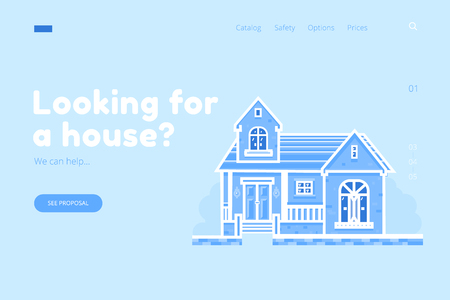Flat house banner for site design. Constructor landing page for proposal. Modern house building.のイラスト素材