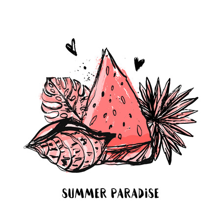 Summer Paradise grunge tshirt design with watermelon and tropic leaves, shell. Exotic hawaiian floral drawingのイラスト素材
