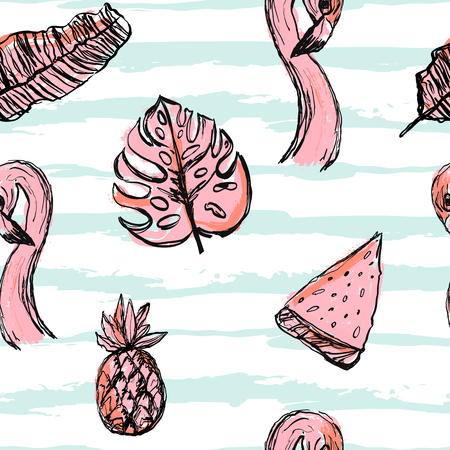 Flamingo Tropic summer pattern with stripes. Seamless design with grunge leaves vectorの写真素材