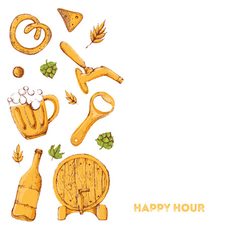 Beer banner with sketch mug, pretzel, wheat isolated on white background for promotionのイラスト素材