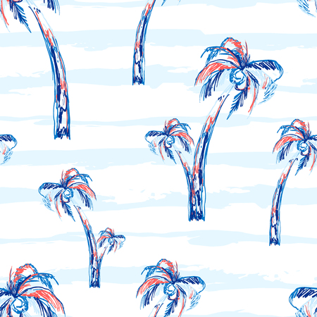 Palm tree seamless vector pattern background with palm trees. Tropic summer design with stripes.の写真素材