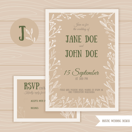 Rustic wedding set with RSVP card with branches and leaves on wooden background. Vector Save the Date illustration.のイラスト素材