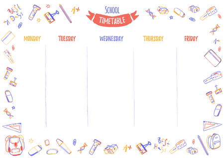 School timetable for pupils or students with 5 days of week with doodle colorful school supplies. Organize your day.のイラスト素材