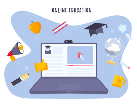 Online education concept with notebook and study objects, hat, pen, book. Modern on site learning training with play button and pointer. vector illustrationのイラスト素材