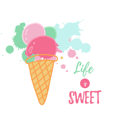 Life is sweet inspirational quote with cartoon ice cream and splashes. Vector design for greeting cards, t-shirts, postersのイラスト素材