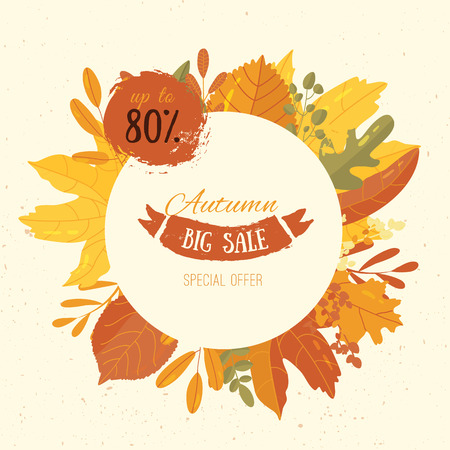 Flat autumn leaves banner with grunge labels on wooden backgroundのイラスト素材