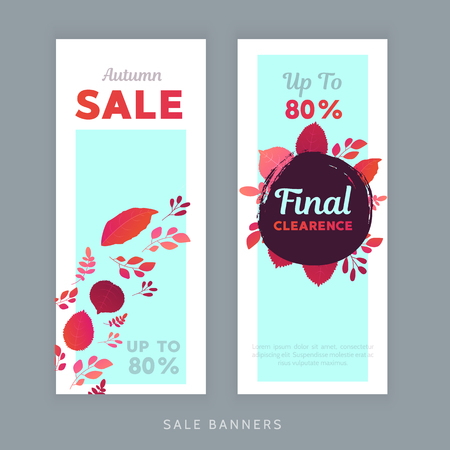 Autumn sale banners set with fall leaves vertical promotional design for shopping discount. Vector illustrationのイラスト素材