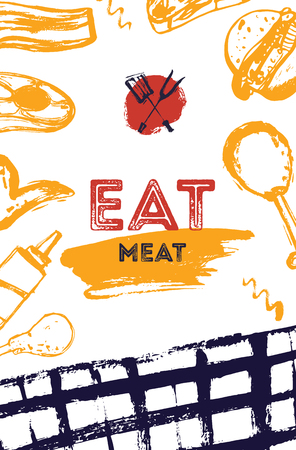 BBQ grunge doodle poster invitatation in A4 format. Barbecue party flyer. Grill illustration with meat. Can be used for menu, posterのイラスト素材