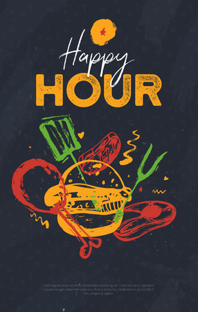 BBQ happy hour flyer banner on grunge pub pattern. Dark poster with bright grunge illustration of steak, junk food.のイラスト素材