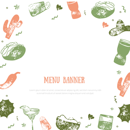 Alcohol drink bar menu banner with grunge glasses, drinks. Colorful drawing style. Template design isolated on dark background.のイラスト素材