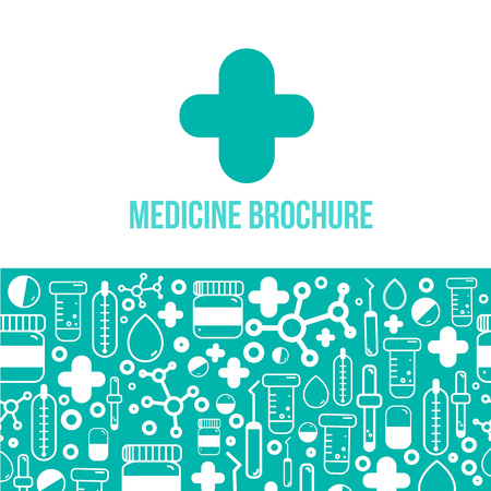 Blue medicine brochure for advertising with outline icons. Health layout conceptのイラスト素材