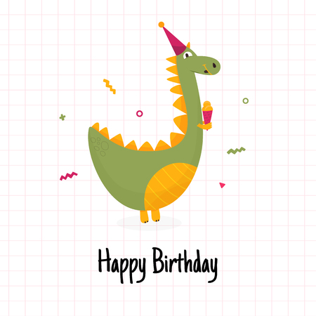 Cute Happy Birthday card with dinosaur mascot. Happy child monsterのイラスト素材
